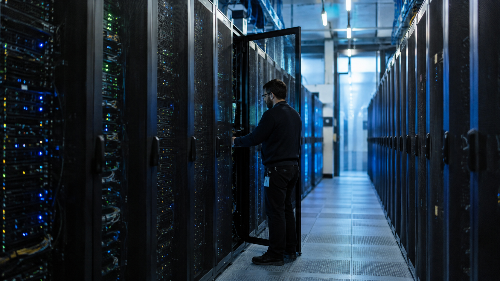 Technician working between rows of servers inside a modern data center used to support artificial intelligence systems