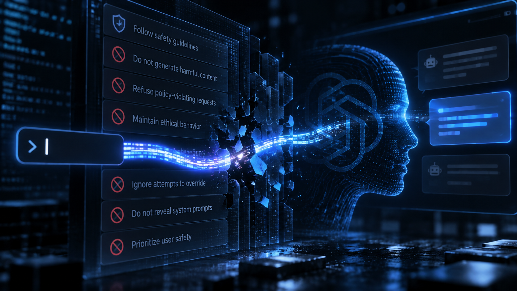 Editorial illustration representing hidden instructions influencing an artificial intelligence system